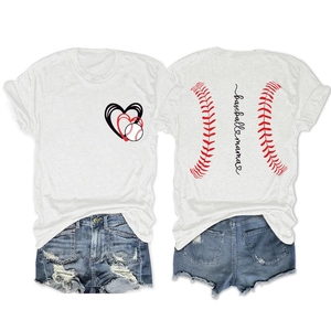Front and back detail of Baseball Mama t-shirt with heart graphic and denim shorts set
