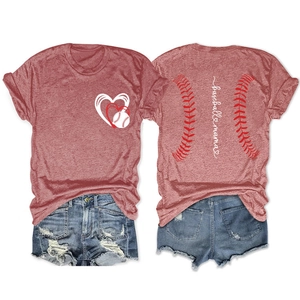 Front and back view of baseball mama T-shirt with heart graphic and distressed denim shorts