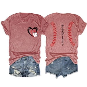 Front and back views of a Baseball Mama t-shirt with heart print and baseball stitching