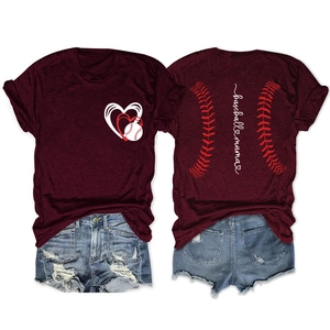 Front and back detail of a wine red Baseball Mama t-shirt with heart graphic and denim shorts