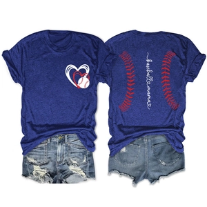 Detail of baseball mama text with red stitching print on navy blue crewneck t-shirt