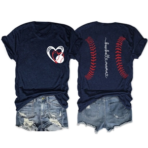 Detail showing the 'baseball mama' printed graphic and baseball heart on a navy t-shirt