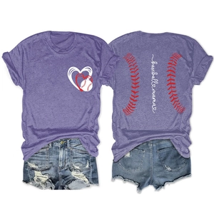 Front and back detail of purple baseball mama t-shirt with distressed denim shorts