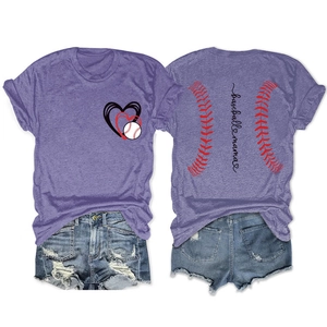 Front and back view of baseball mama t-shirt with distressed denim shorts set
