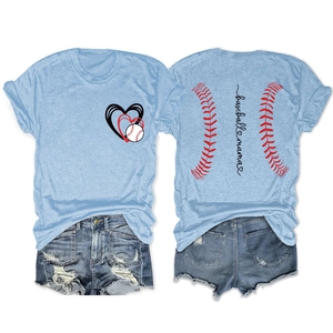 Light blue Baseball Mama T-shirt with heart graphics and back red baseball stitching