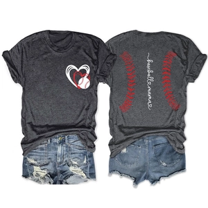 Detailed views of baseball mama t-shirt showing front heart graphic and back stitching