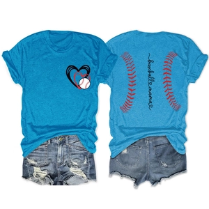 Detail of baby blue baseball mama t-shirt with heart graphic and denim shorts set