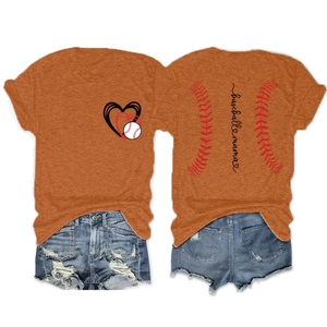 Front and back view of orange Baseball Mama T-shirt with heart and seam prints