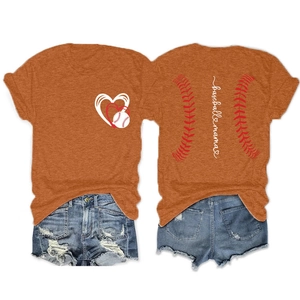 Detailed front and back views of baseball mama short sleeve tee with heart graphic