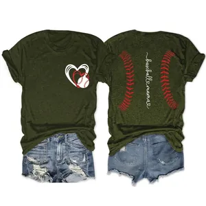 Women Casual Baseball Mama Print Round Neck Short Sleeve T-Shirt Cotton Blend Sporty Heart Graphic Loose Fitting Tee Top