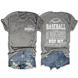 Detailed front and back views of a heather grey baseball mom graphic tee with denim shorts