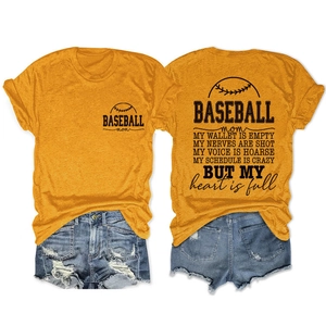 Front and back view of ginger Baseball Mom t-shirt and distressed denim shorts set