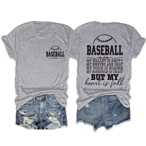 Detail view of grey Baseball Mom t-shirt and ripped denim shorts with screen printing