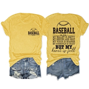 Front and back detail of baseball mom graphic tee in mustard yellow with denim shorts