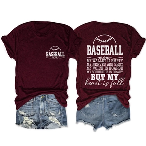 Front and back detail of a wine red Baseball Mom t-shirt with crew neck and custom text