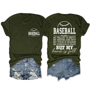 Detail of army green baseball mom T-shirt with soft cotton fabric and white print