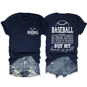Front and back detail of navy Baseball Mom t-shirt with graphic print and denim shorts