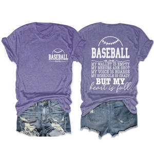 Detail view of purple Baseball Mom graphic tee paired with distressed denim shorts