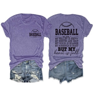 Front and back detail of purple Baseball Mom cotton T-shirt with casual denim shorts