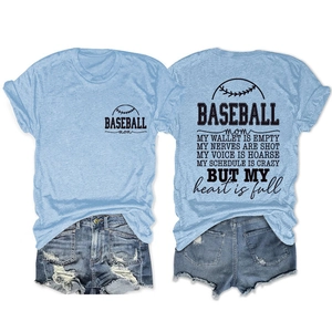 Front and back detail of light blue Baseball Mom T-shirt with motivational text print