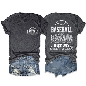 Detail of Baseball Mom printed grey t-shirt with rolled denim shorts on white background