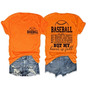 Orange Baseball Mom t-shirt and denim shorts set showing front and back printed graphics
