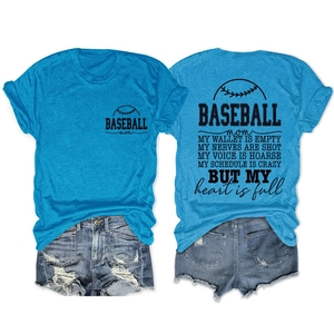 Detail view of sky blue t-shirt with Baseball Mom print and distressed denim shorts