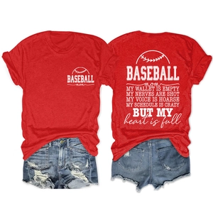 Front and back detail of red Baseball Mom T-shirt showing themed slogans and cotton fabric