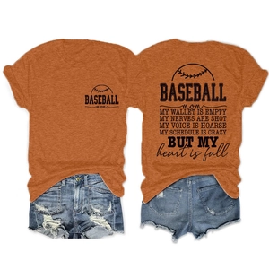 Back view of orange cotton baseball mom t-shirt showing detailed athletic text print
