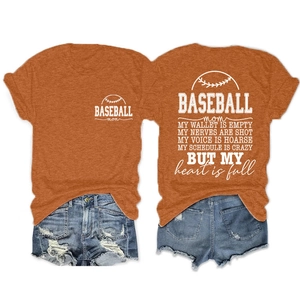 Front and back view of an orange Baseball Mom t-shirt paired with denim shorts