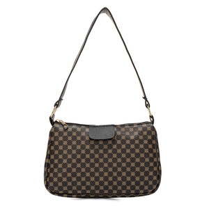Retro brown printed shoulder bag with gold geometric patterns and black leather strap