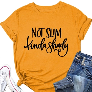 Flat lay of yellow crew neck T-shirt with black NOT SLIM kinda shady slogan print