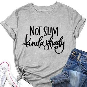 Detail view of gray crew neck T-shirt with 'NOT SLIM kinda shady' text and knotted hemline