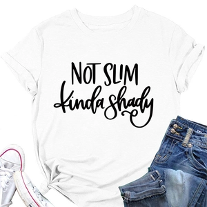 Flat lay of white crewneck T-shirt with black NOT SLIM kinda shady print and denim jeans