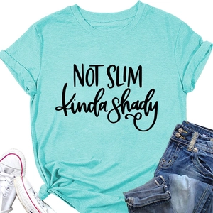 Detail of light blue crew neck T-shirt featuring Not Slim kinda shady black text print