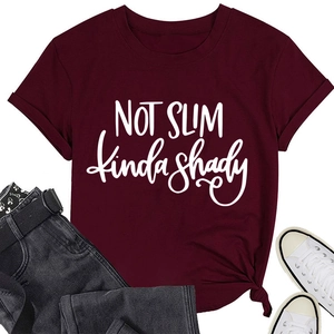 Detail of burgundy Not Slim kinda shady slogan T-shirt with stylish side knot design