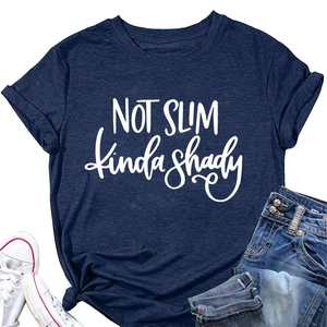 Flat lay of navy blue cotton T-shirt with NOT SLIM text print and stylish knotted hem detail