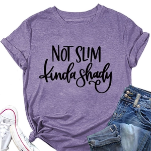 Detail of purple crew neck T-shirt with NOT SLIM kinda shady print and soft fabric texture