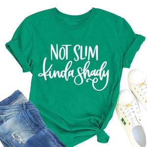 Detail of green cotton t-shirt featuring NOT SLIM kinda shady print with side knot
