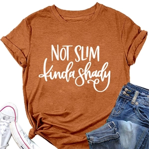 Detail of orange crew neck T-shirt with NOT SLIM kinda shady print and front knot detail