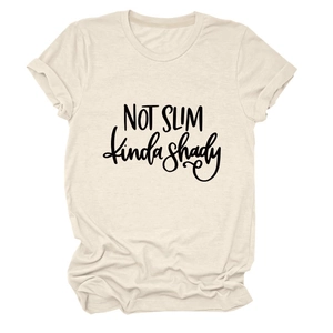 Detail of soft beige cotton t-shirt featuring black Not Slim Kinda Shady text print