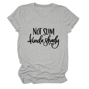 Detail of grey crewneck T-shirt featuring 'NOT SLIM kinda shady' slogan in black text