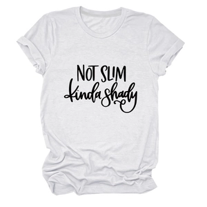 Detailed view of white cotton T-shirt featuring NOT SLIM kinda shady graphic print