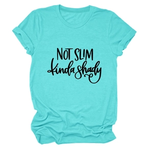 Detail of tiffany blue crewneck t-shirt with rolled sleeves and black slogan print