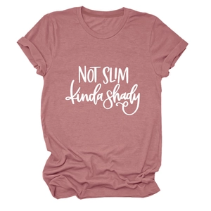 Detail of mauve crewneck t-shirt with Not Slim kinda shady text print and soft cotton texture