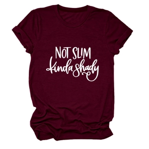 Detail of burgundy crewneck T-shirt showing NOT SLIM kinda shady white slogan print