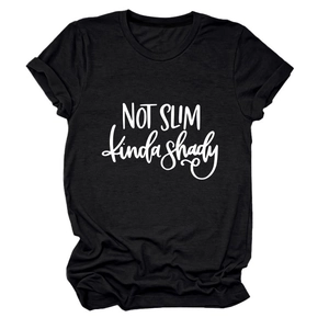 Detail of soft cotton fabric and Not Slim Kinda Shady text on black crew neck t-shirt