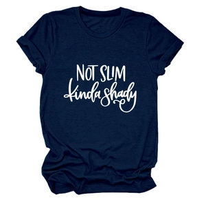 Detailed flat lay of navy crewneck T-shirt with white NOT SLIM kinda shady print