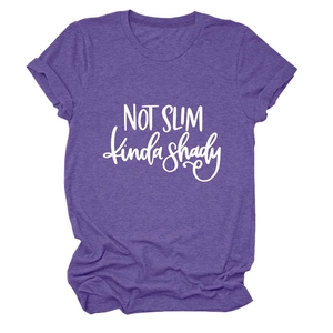 Detail showing purple heather texture and NOT SLIM kinda shady print on round neck T-shirt