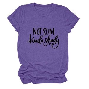 Detail of purple cotton T-shirt featuring NOT SLIM kinda shady black slogan print